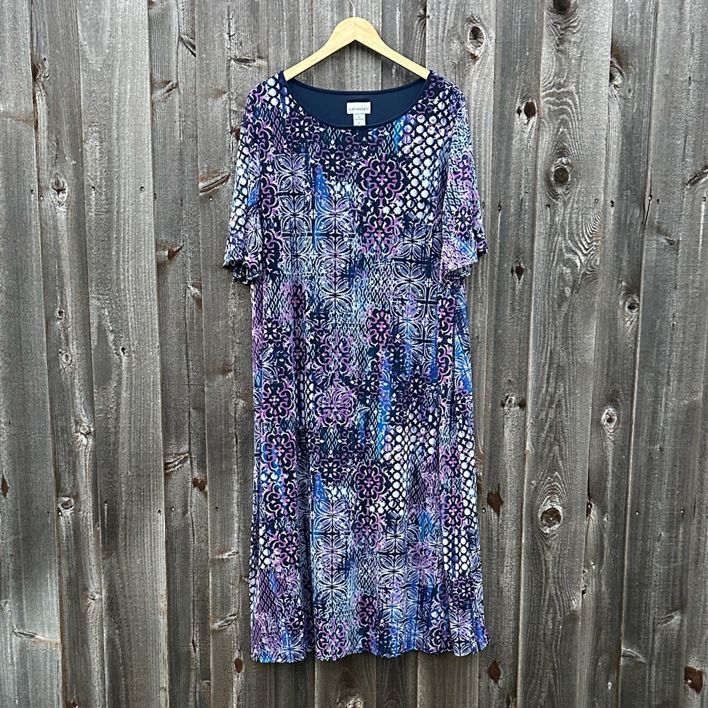 Catherines Blue and Purple Patterned Midi Dress EUC